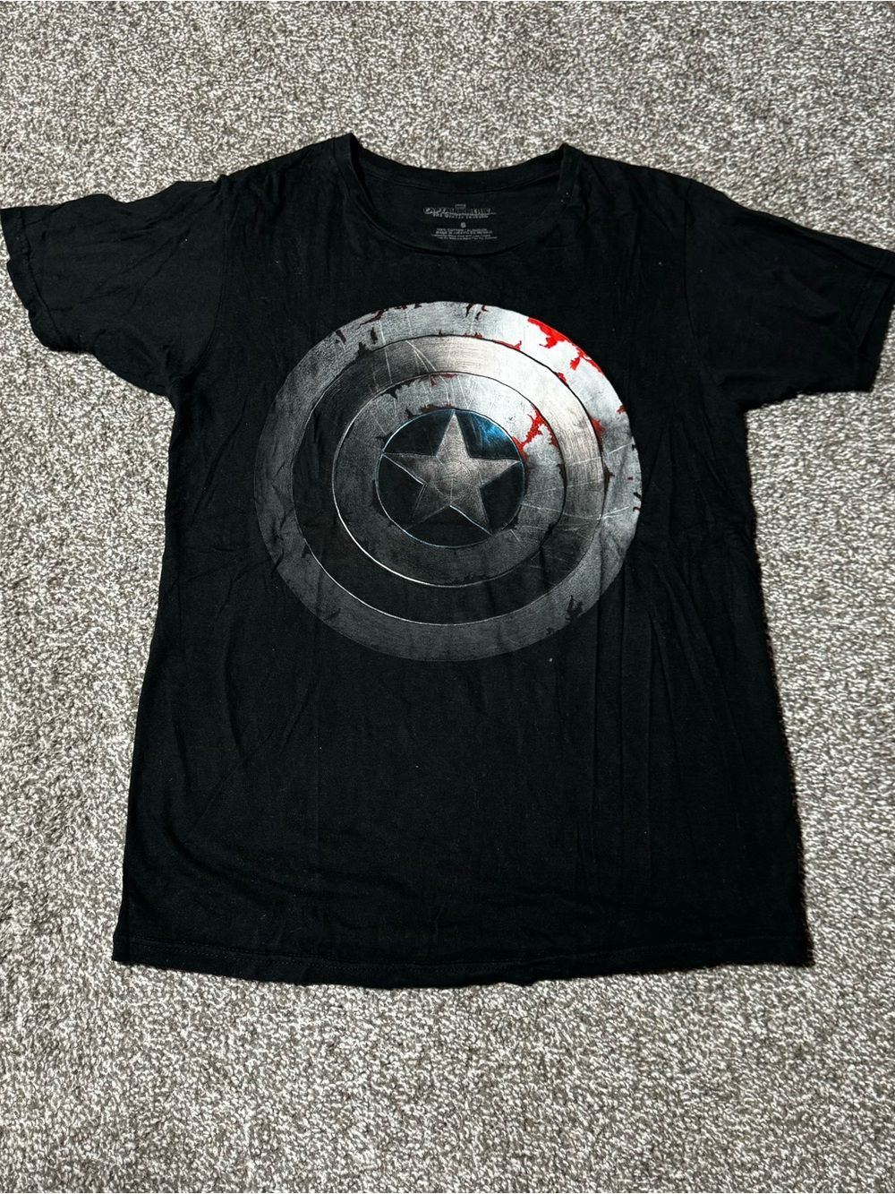 Marvel Black Tee with Silver Shield and Red Accent
